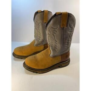 Rocky Mens Brown Blue Inlay Leather Western Boots Size 9.5MW Cowboy Boots Ex Con